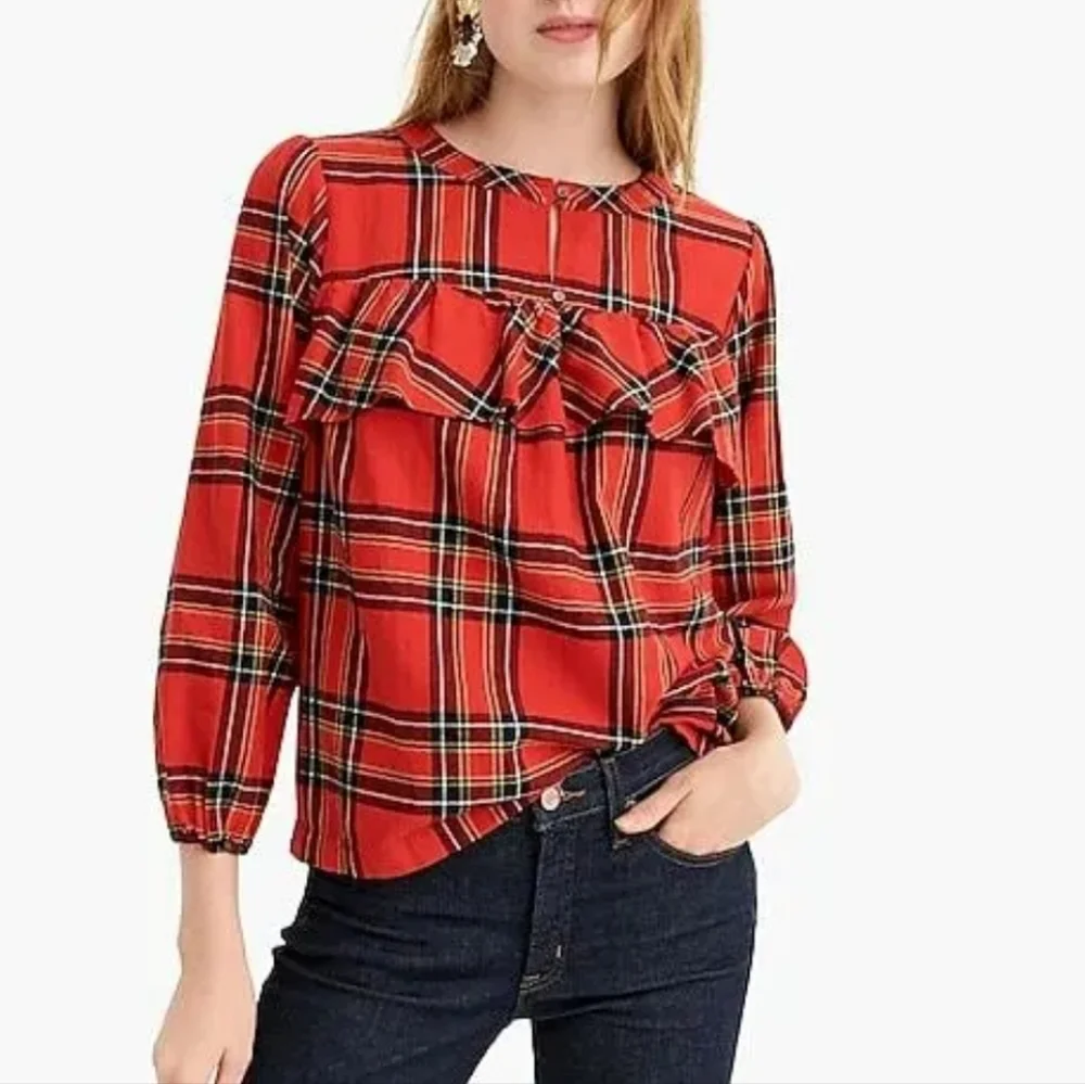 J. Crew Ruffle‎ Red Tartan Plaid Popover Cotton Flannel Shirt Small S H5198